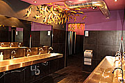 nagelneue Toilettenanlage mit  Unisex-Händewasch und Spiegelbereich, goldene Geckos quellen mancherorts aus der Decke (©Foto: Martin Schmitz)